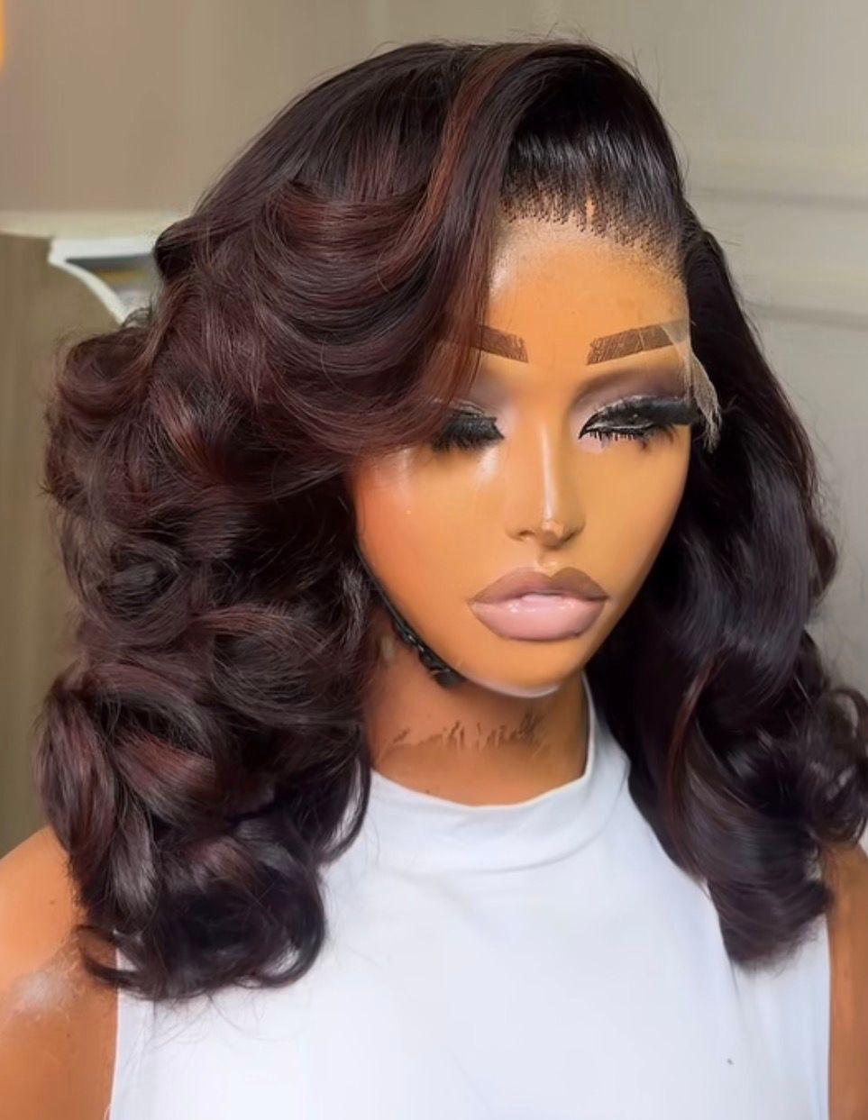 Donor wavy black with touch of brown wig with 6by6 HD Closure 12 inches